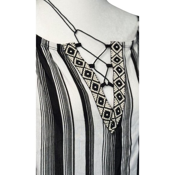 PPLA Blouse Womens Large Black Striped Summer Tunic Boho Peasant White Black - Picture 3 of 9
